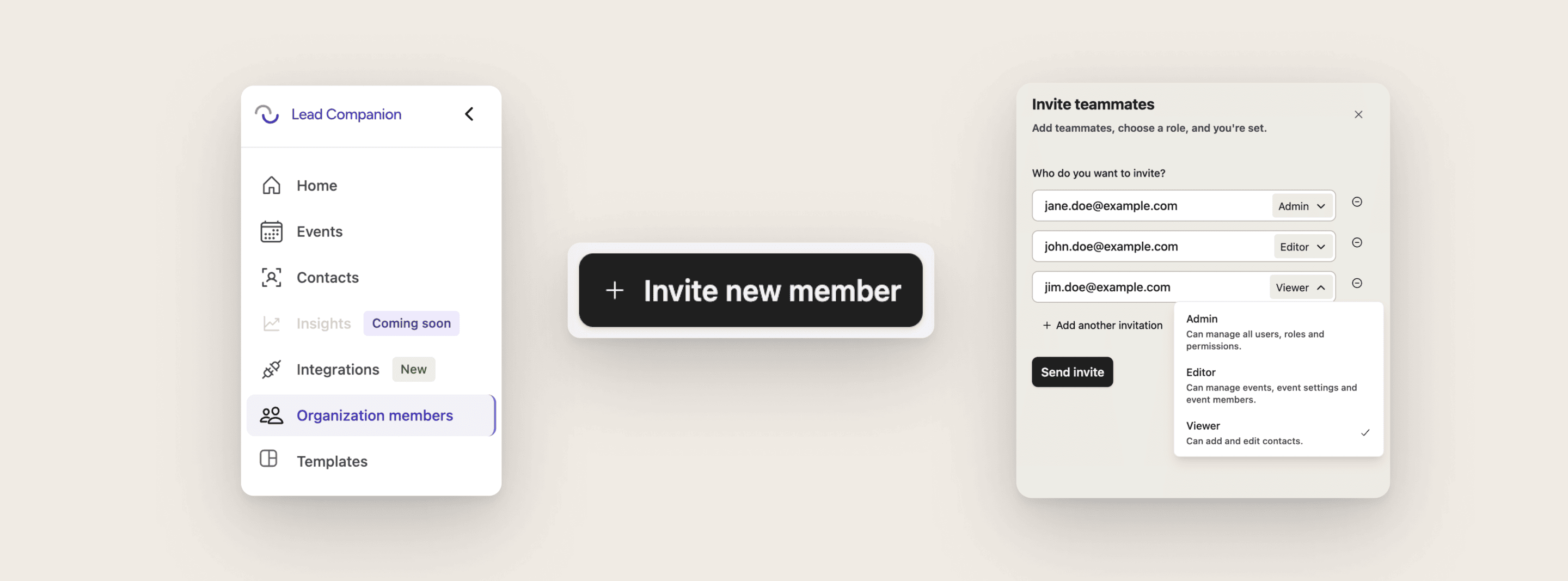 Lead Companion team management interface showing navigation menu, invite new member button, and teammate invitation modal with email fields for Admin, Editor, and Viewer role assignments