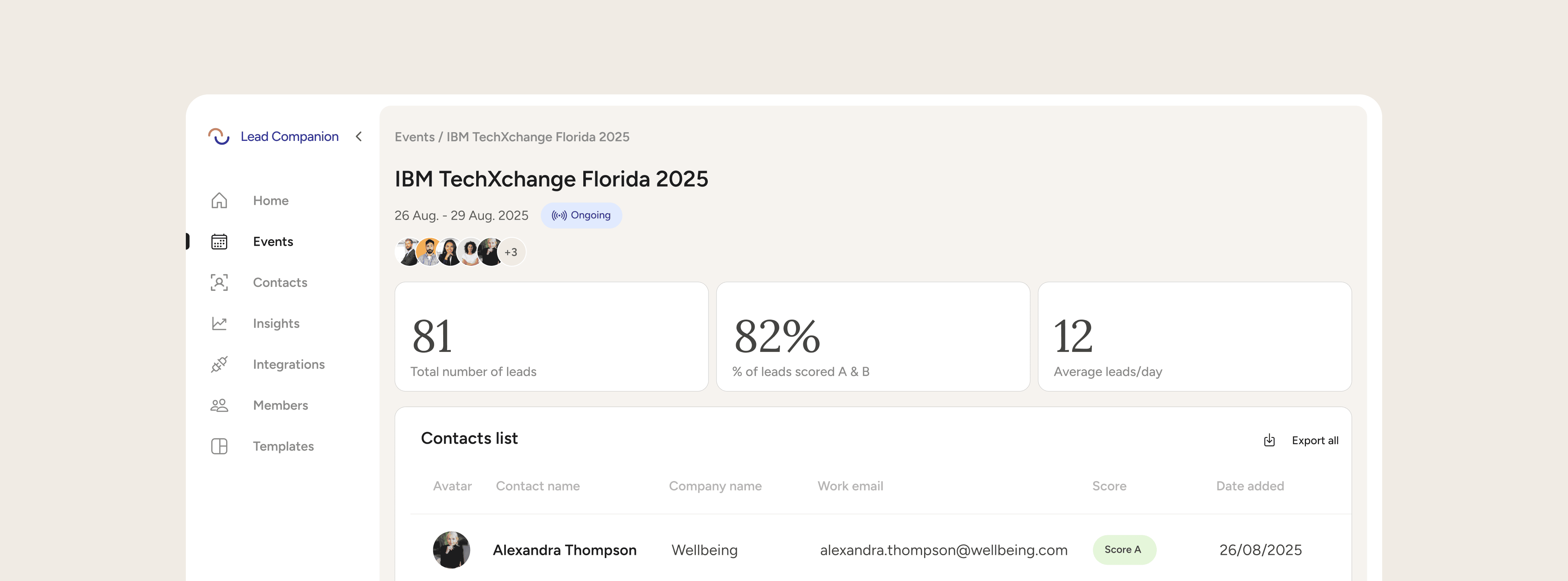 Lead Companion desktop interface introduction showing the two main areas: left sidebar with navigation menu (Home, Events, Contacts, Insights, Integrations, Members, Templates) and main panel displaying event dashboard with metrics and contact management