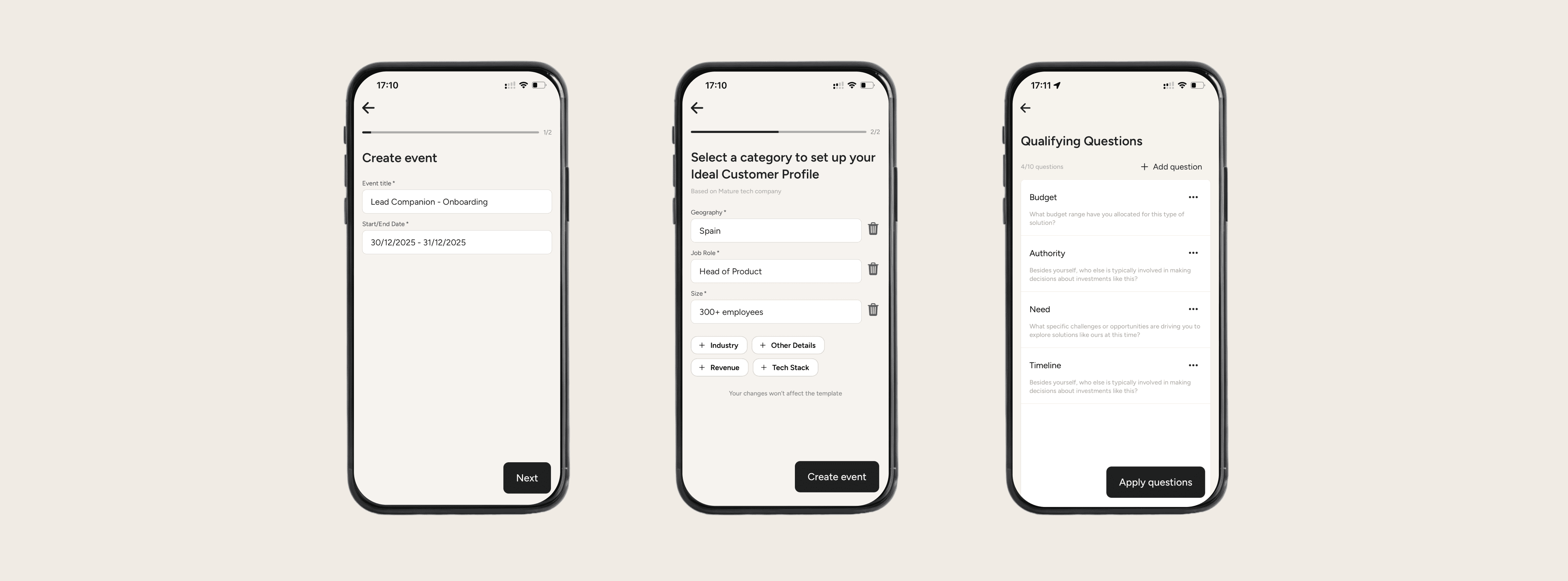 Mobile app tutorial showing three-step event creation process: event details, customer profile setup, and qualifying questions configuration