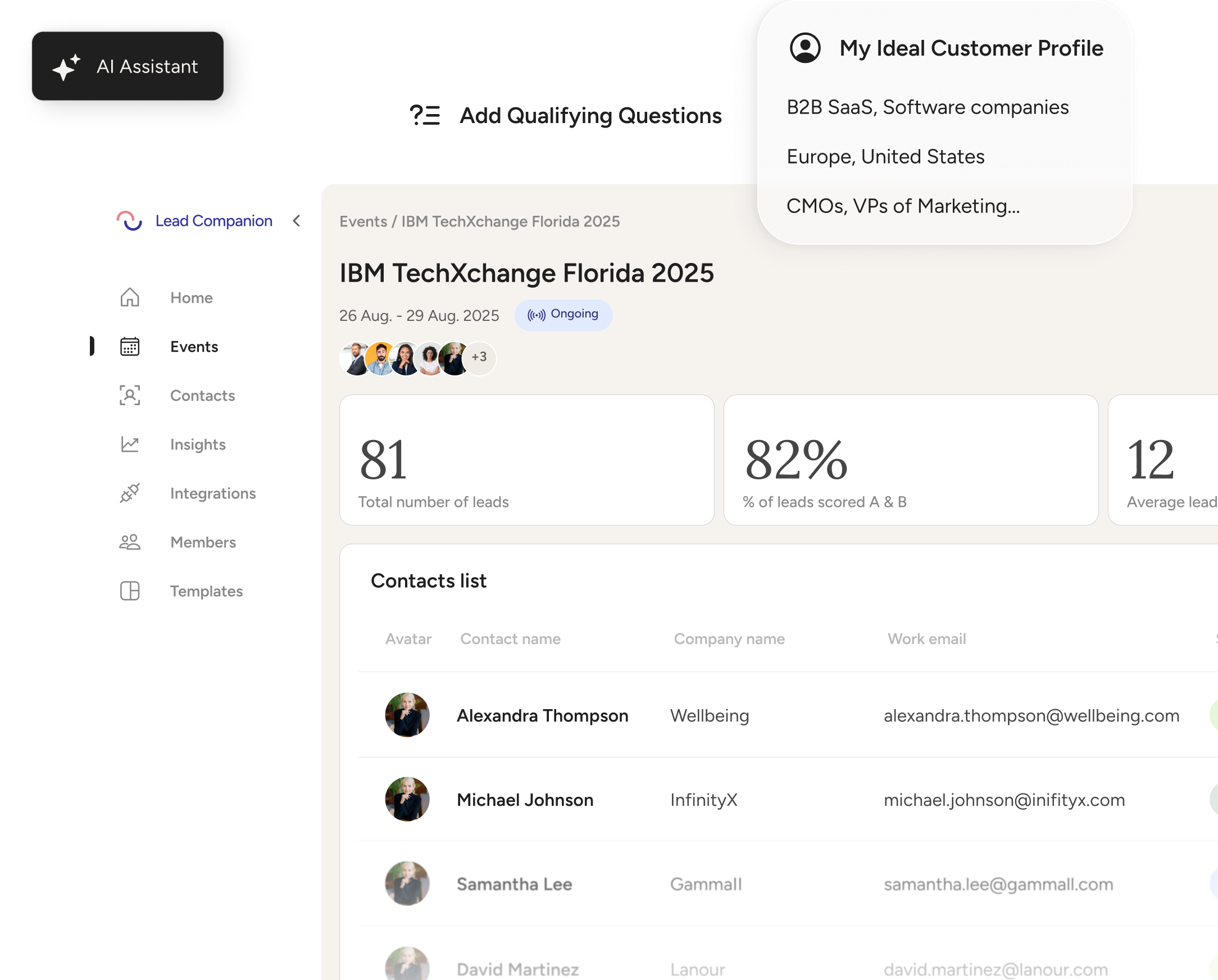Screenshot of a professional event management platform on a desktop, showing features to organize team, manage leads, set qualifying questions, and access live event insights with an AI-first interface