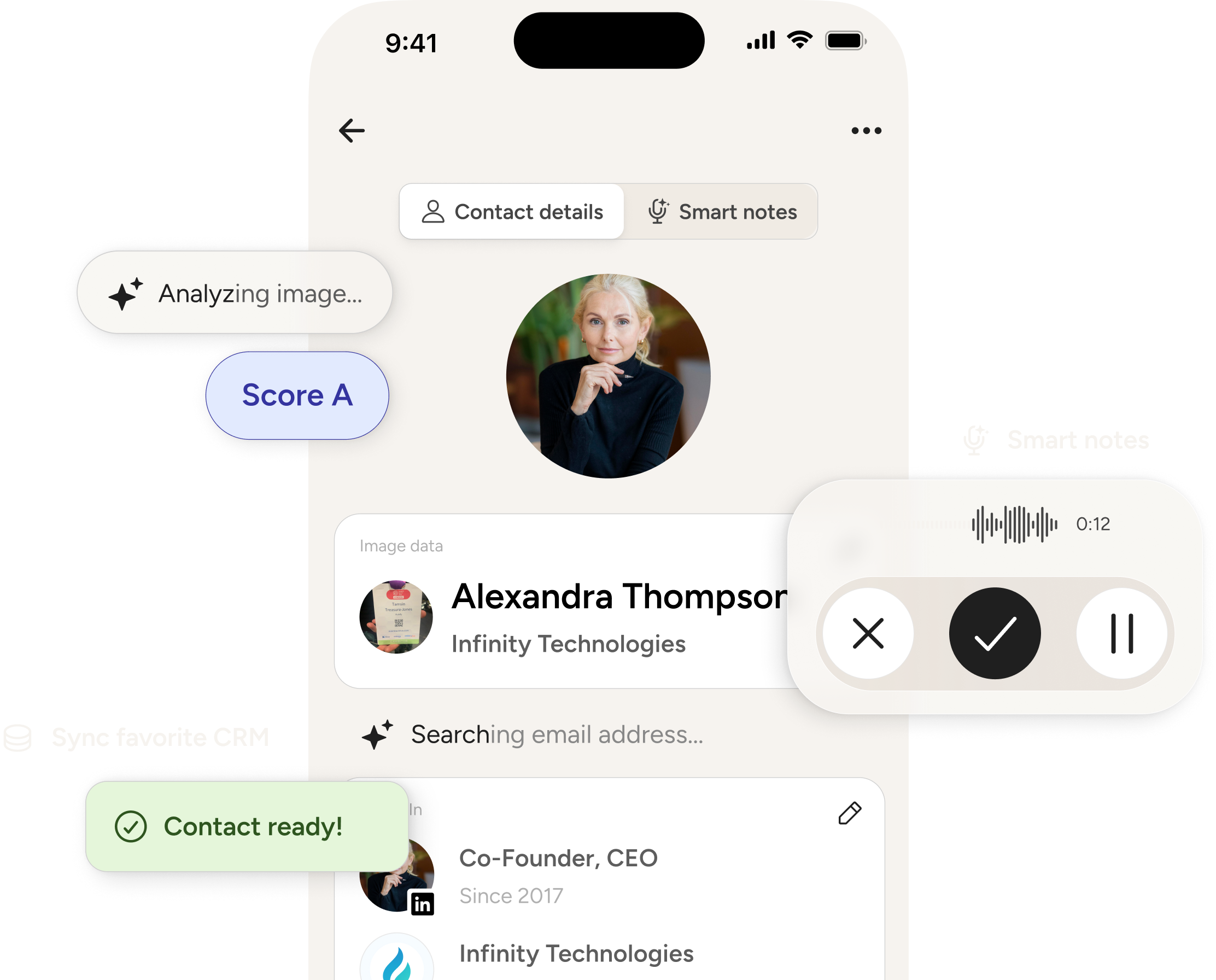 Mobile phone screen showing Lead Companion’s AI-powered app interface with a profile picture, lead details, a recording session with playback controls, and notifications indicating data analysis, lead scoring, and readiness for contac